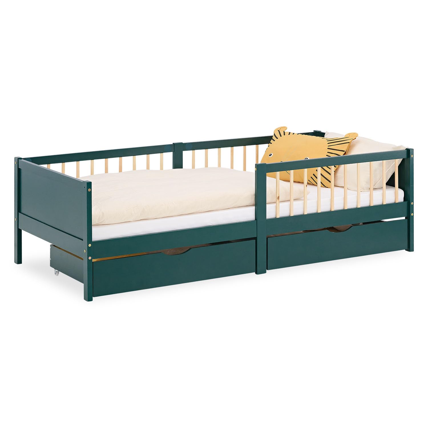 Homestyle4u Kinderbett 90x200 Grün mit Rausfallschutz, Lattenrost und Schubladen