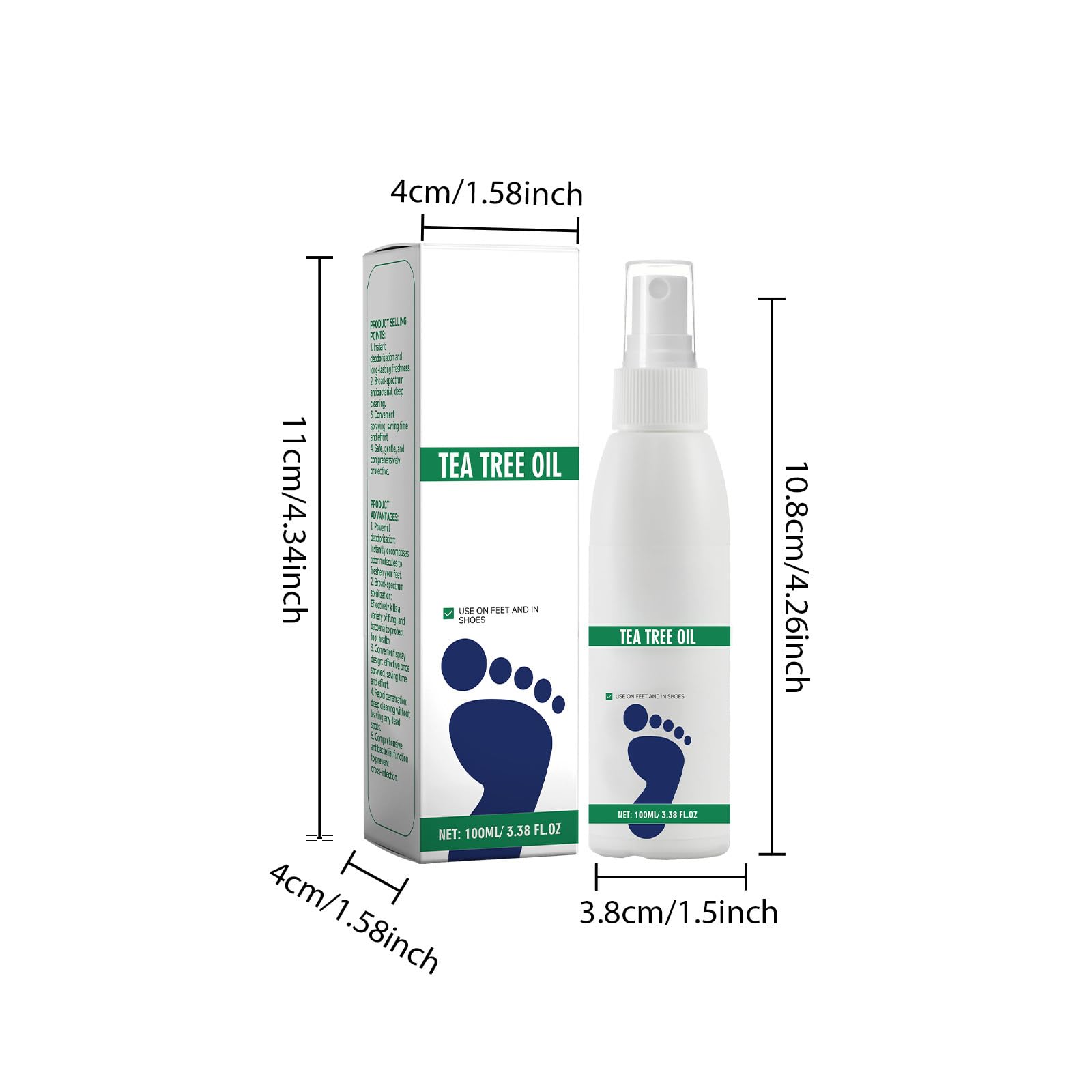 Spray para pies con aceite de árbol de té, control de olores para pies malolientes y piel propensa a la humedad, desodorante para zapatos y calcetines, removedor de sudor para pies, ambientador de