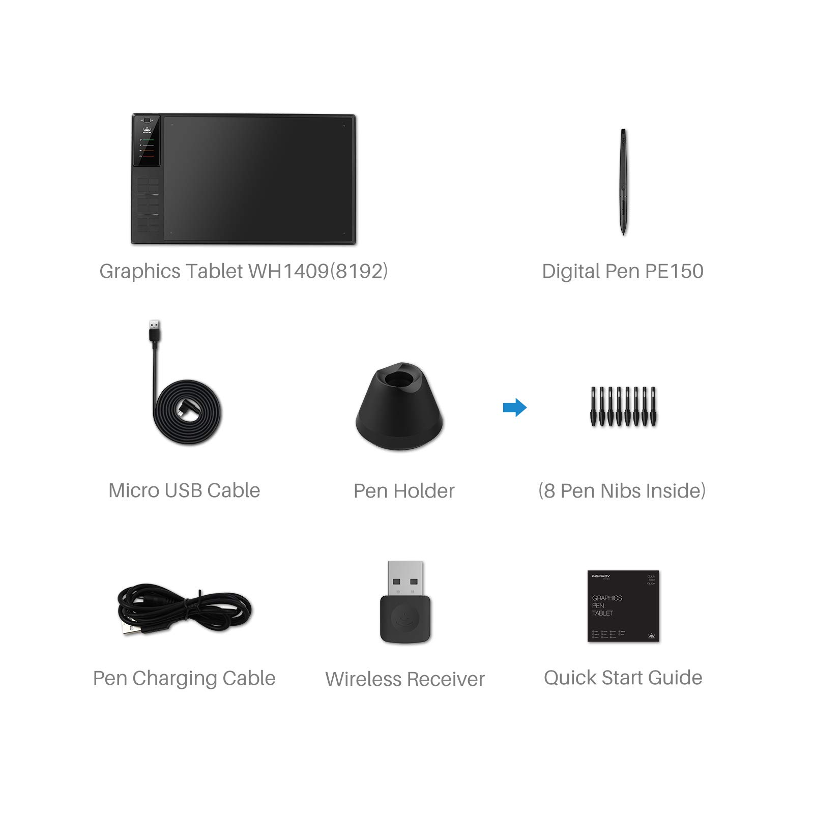 HUION WH1409 Bezprzewodowy tablet graficzny, 350 x 220 mm, profesjonalny tablet z rysikiem bezbateryjnym, 12 przycisków ekspresowych, 8192 poziomy i 5080 LPI, tablet graficzny do domowego biura i nauki elektronicznej