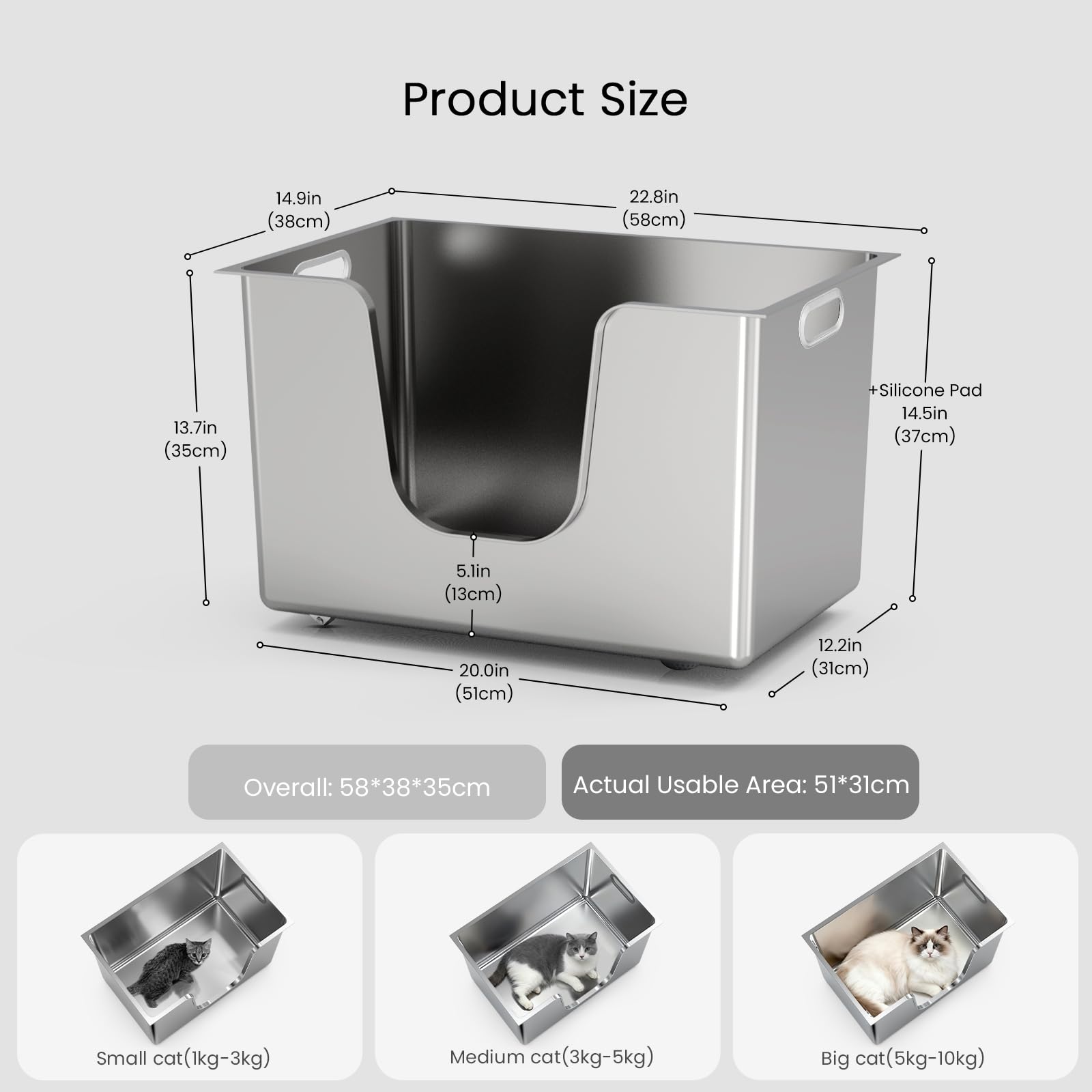 PTLOM Lettiera per gatti in acciaio inox, XL, con lati alti 35 cm, antiruggine, a prova di perdite, ingresso basso per gatti anziani, ruote per un facile spostamento, ideale per famiglie con più gatti