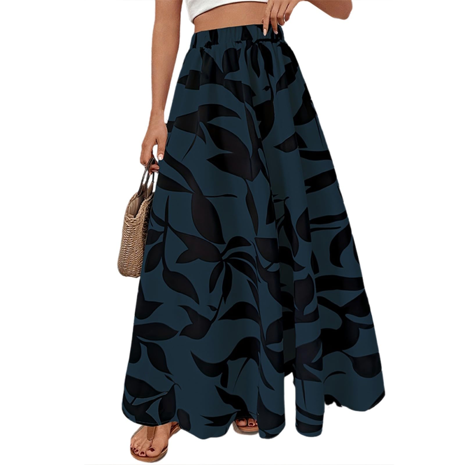 Womens Maxi Skirts Elastic Waist Summer Long Skirts Sexy Tiered Casual Flowy Skirt Vacation Pleated Boho Skirt