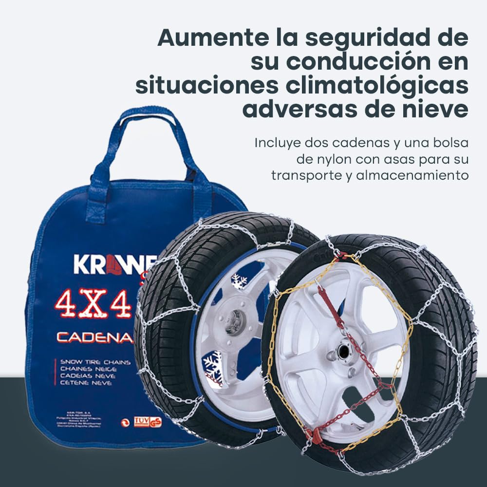 KRAWEHL - Pack de 2 Cadenas de Nieve para Coche - Cadenas 4x4 - de Metal Tipo Malla de Rombo - Eslabones de 16 mm - con Tensor Mecánico - Universal - Antideslizantes - Grupo 45