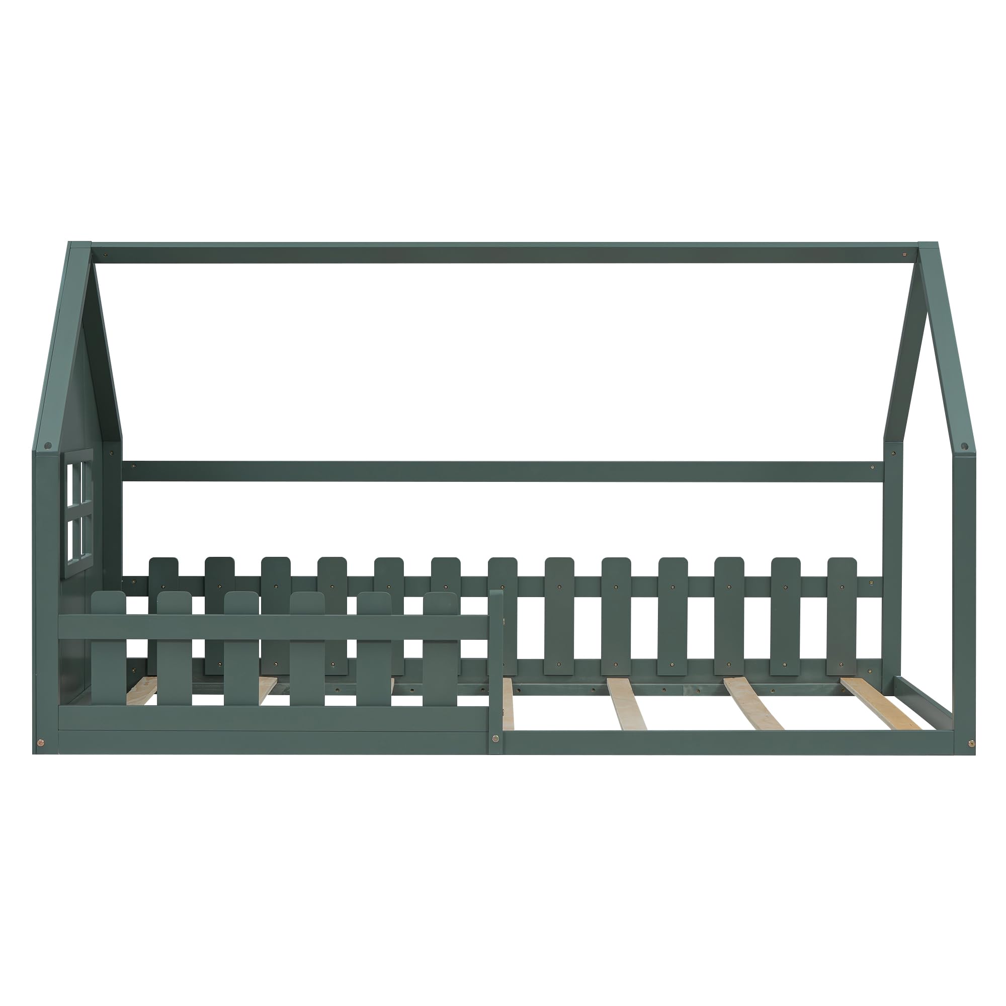 Kinderbett Hausbett 90x200, Bodenbett mit Rausfallschutz und Lattenrost, Holzbett für Jungen und Mädchen, Grün ohne Matratze