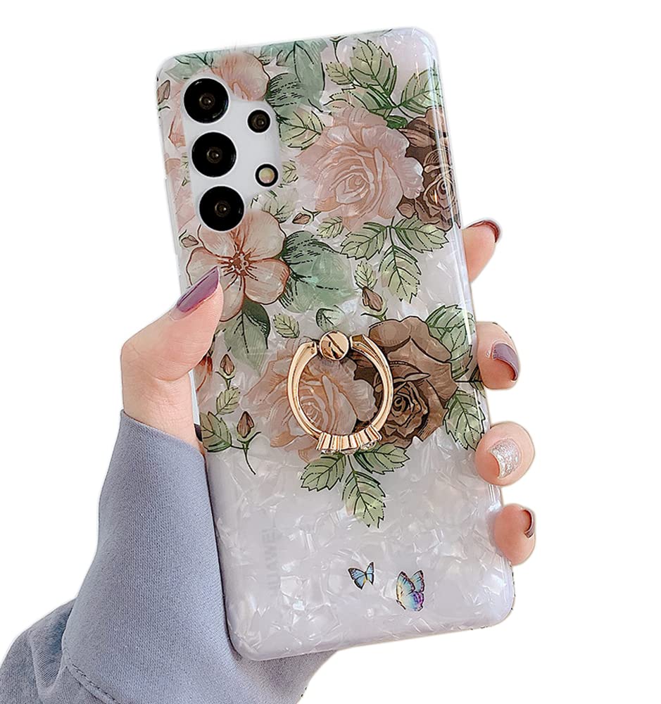 Qokey Compatible for Samsung Galaxy A32 5G Case(Not fit A32 4G), Cute Floral 360° Rotatable Ring Holder Kickstand Soft TPU Shockproof Girls Women Cover for Galaxy A32 5G 6.5" Brown Flower
