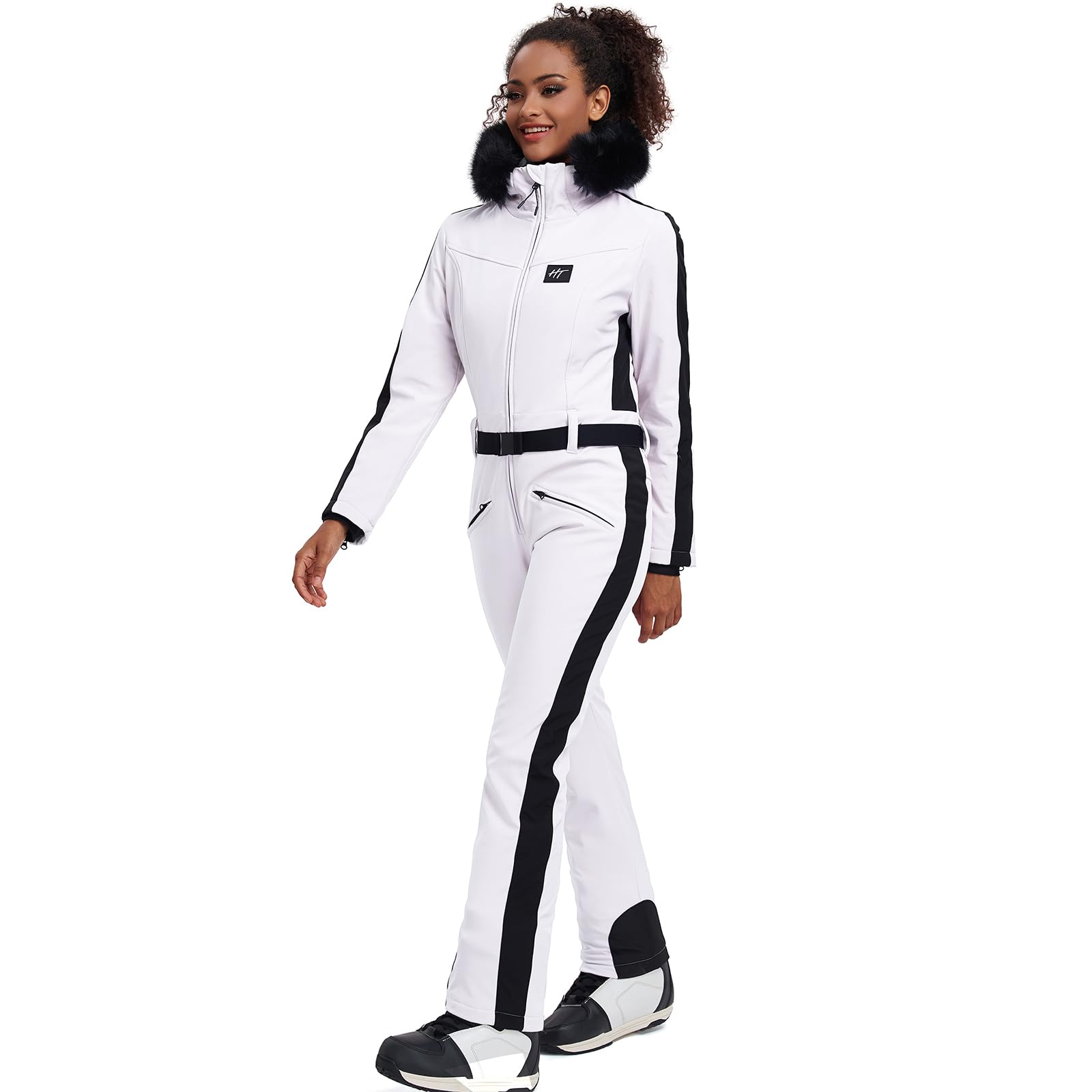 HOTIAN Damen Skianzug Einteiler Skioverall Winter Warme Damen Schneeanzug Wasserdicht Winddicht skibekleidung Schneeoverall Jumpsuit Mit Kapuze White S