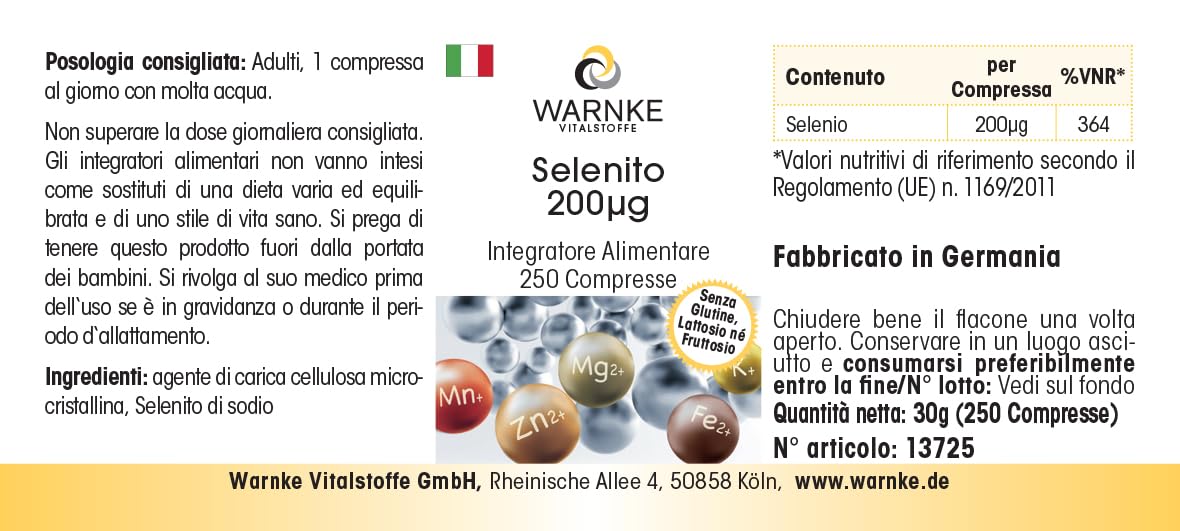 Selenite 200μg - 250 compresse - 200μg di selenio per compressa - Selenito di sodio - ALTO DOSAGGIO - Qualità farmaceutica tedesca - Vegano | Warnke Vitalstoffe