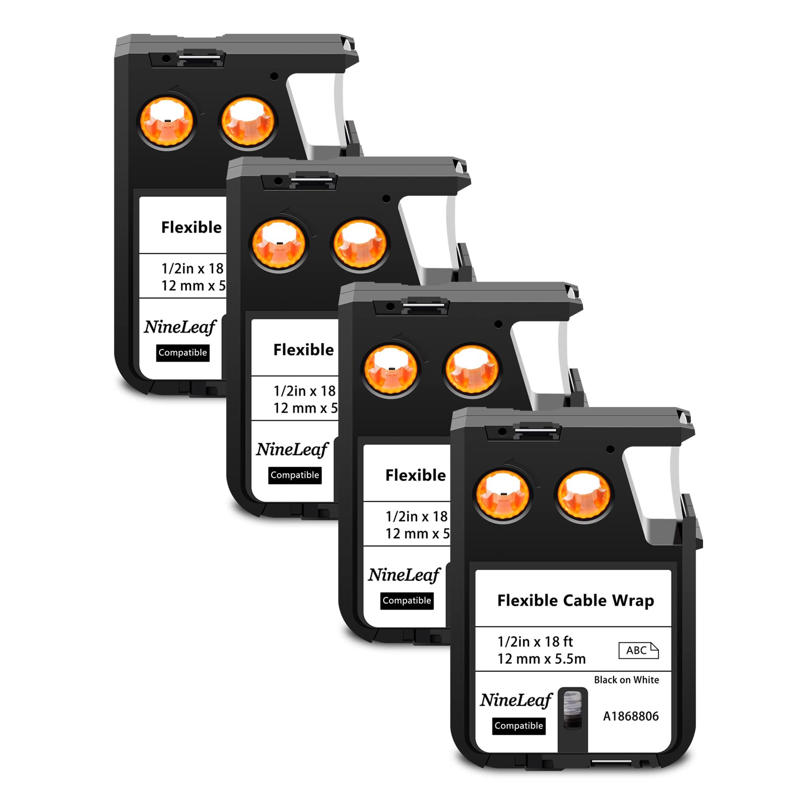 NineLeaf 4 Pack Remplacement pour Dymo 1868806 A1868806 12mm x 5.5m 0.47'' Multi-usages Ruban Noir sur Blanc D'étiquettes Industrielles en Vinyle Imprimantes pour Rhino XTL-300 XTL-500 Étiqueteuse