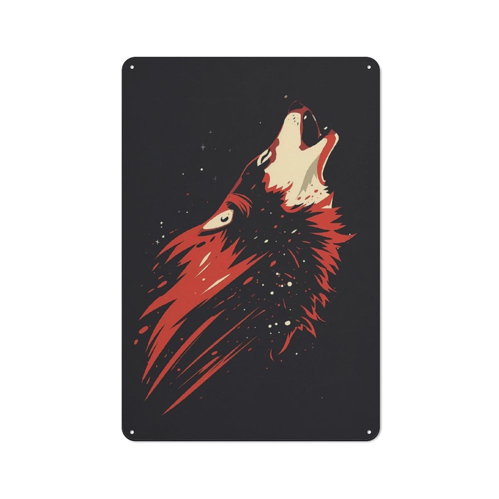 Junmoney Red Wolf Howling At Night Tin Wall Plaque 30X20cm With For Bar Or Restaurant, Housewarming Present For People Styling Bar And Restaurant