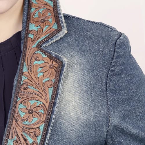 American Darling Genuine leather Hand tooled carved Women 100% cotton Denim Blazer dress jacket | Vintage3
