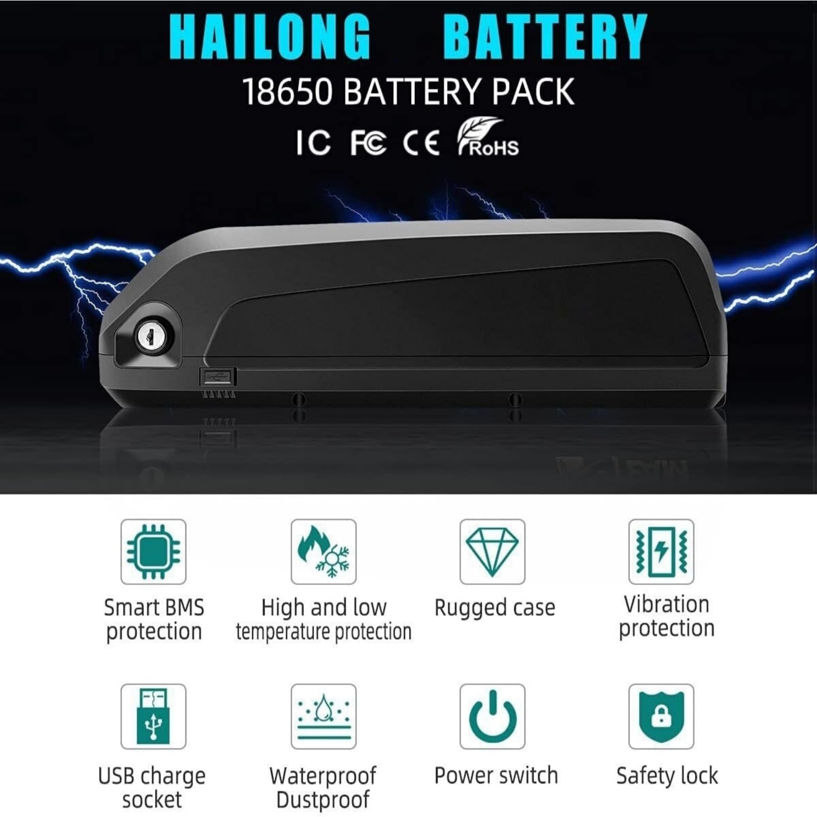 Hailong Batterie Lithium de vélo électrique 36/48V, 13Ah 15Ah 18Ah 20Ah, Moteurs 250–1500W, connecteur 4 Broches, Compatible Mifa/Prophete/Tianneng & Kits Moteur Central/arrière. (48V13Ah)
