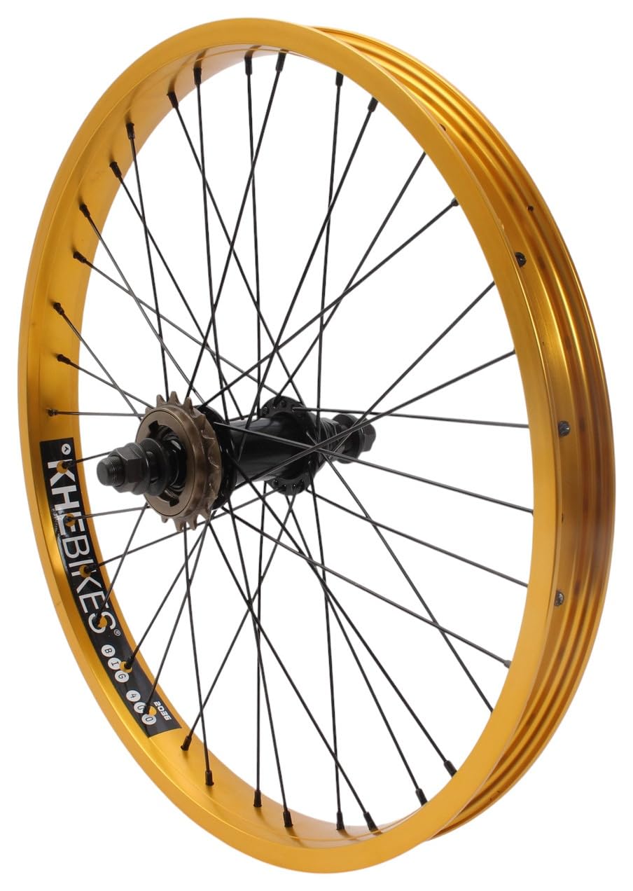 KHE Prism BMX tylne koło 20 cali – złote – oś 14 mm – zębatka 16T – 36H – 7005 aluminiowa felga 38 mm – rower biegowy BMX z tyłu