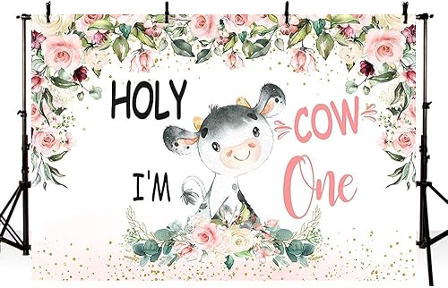 MEHOFOND Telón de fondo de vaca sagrada con texto en inglés Holy Cow I'm One de 8 x 6 pies con diseño floral rosa de vaca niña feliz 1er cumpleaños