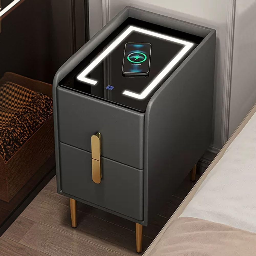 ASerZenith End Side Table With Led Lights, Smart Nightstand With Charging Station, Bedside Tables,B-30X40X50Cm