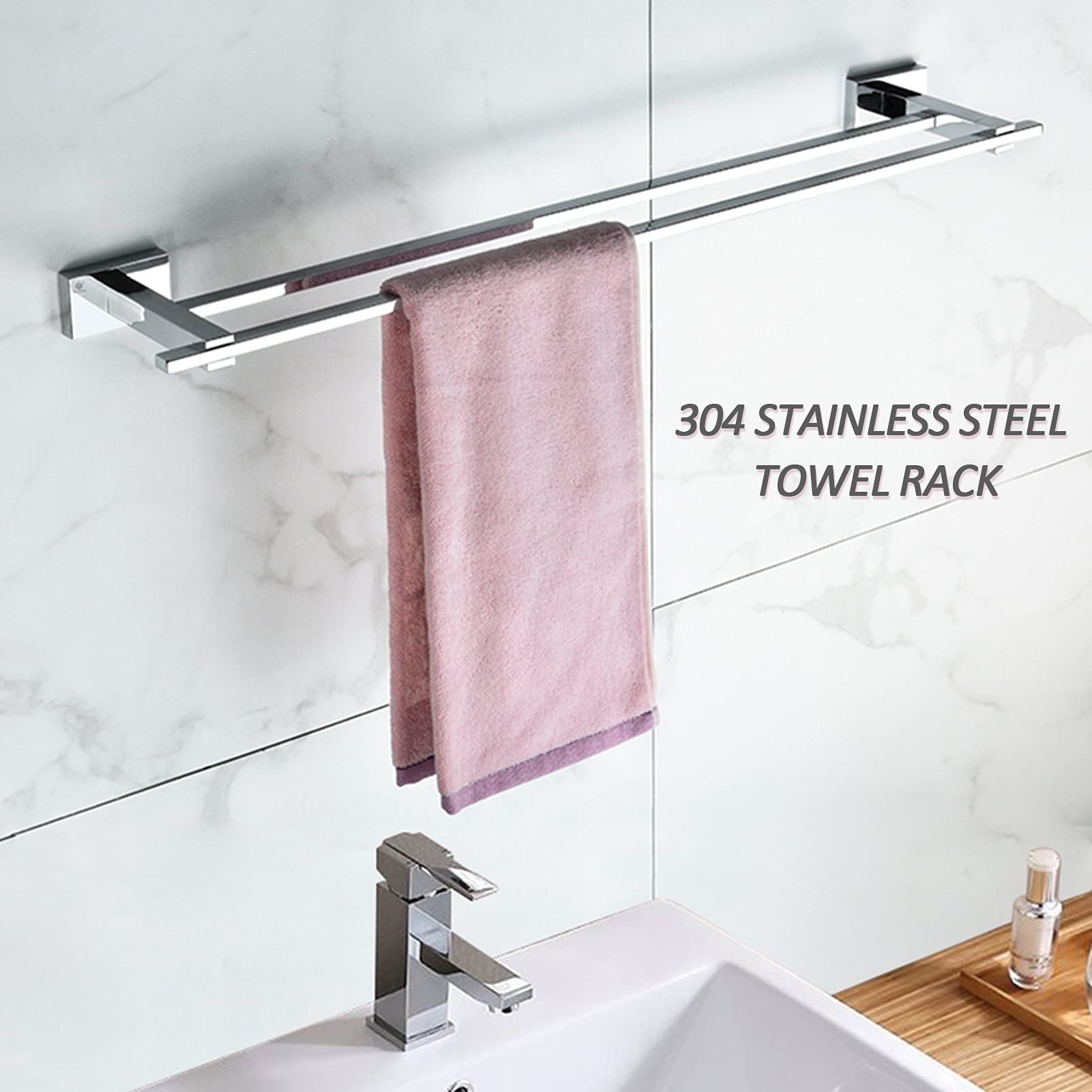 Portasciugamani doppio in acciaio inox, montaggio a parete, per bagno e cucina, durevole SUS 304, finitura argento lucido, disponibile nelle misure 45 cm, 60 cm, 75 cm
