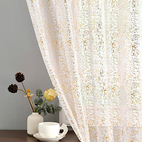 TERLYTEX Durchscheinende Vorhänge, 114 cm Länge, 2 Schals, Punkt-Design aus Metallic-Goldfolie, glitzernd, Stangendurchzug, Privatsphäre… – Ansicht 1
