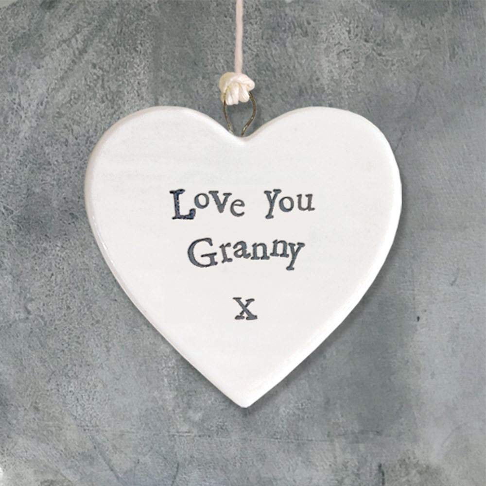 East of India White Ceramic ""Love You Granny"" Heart Sign Hang Mother's Day 4.5cm