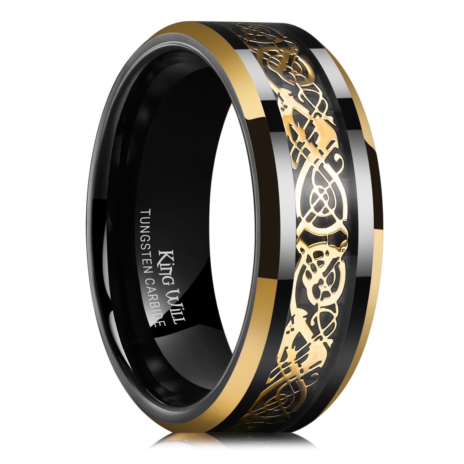 King Will Men's Dragon Celtic Tungsten Ring, 5/6/7/8mm Widths, Polished Beveled Edge Comfort Fit Carbide Wedding Band Promise Rings Size 4-16