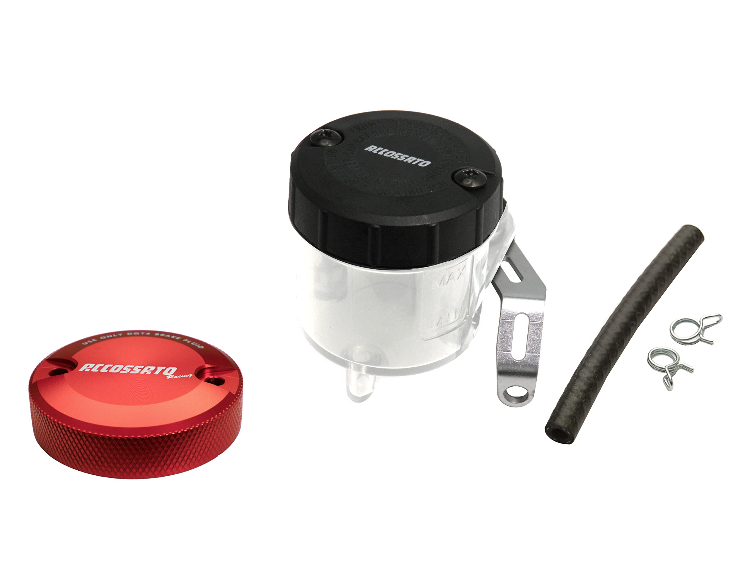 ACCOSSATO Kit di Montaggio vaschetta Olio Freni da 45 ml in plastica Trasparente con Tappo in Alluminio CNC ossidato Rosso e Staffa specifica per Pompe