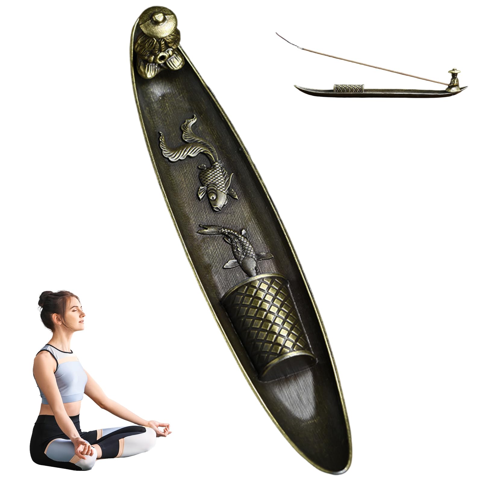 Hbbgdiy 2x9 Fisherman Boat Zinc Alloy Incense Stick Holder with Fish Carving Decorative Burner, Yoga & Meditation Aromatherapy Accessory for Bedroom & Living Room