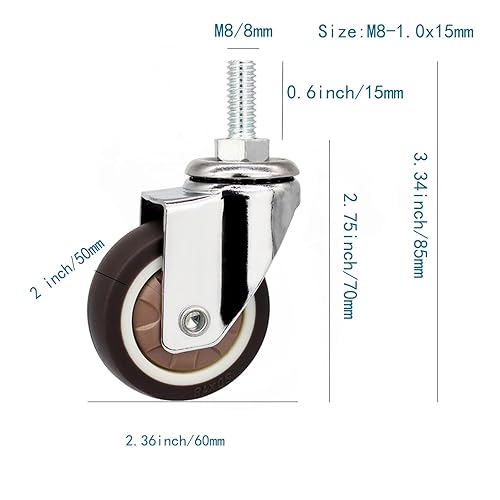 Miniatura 9 de Ruedas de vástago giratorio, ruedas TPR de vástago giratorio de 360 grados con varillas de rosca métricas M6-0.039x0.591 in, ruedas industriales de