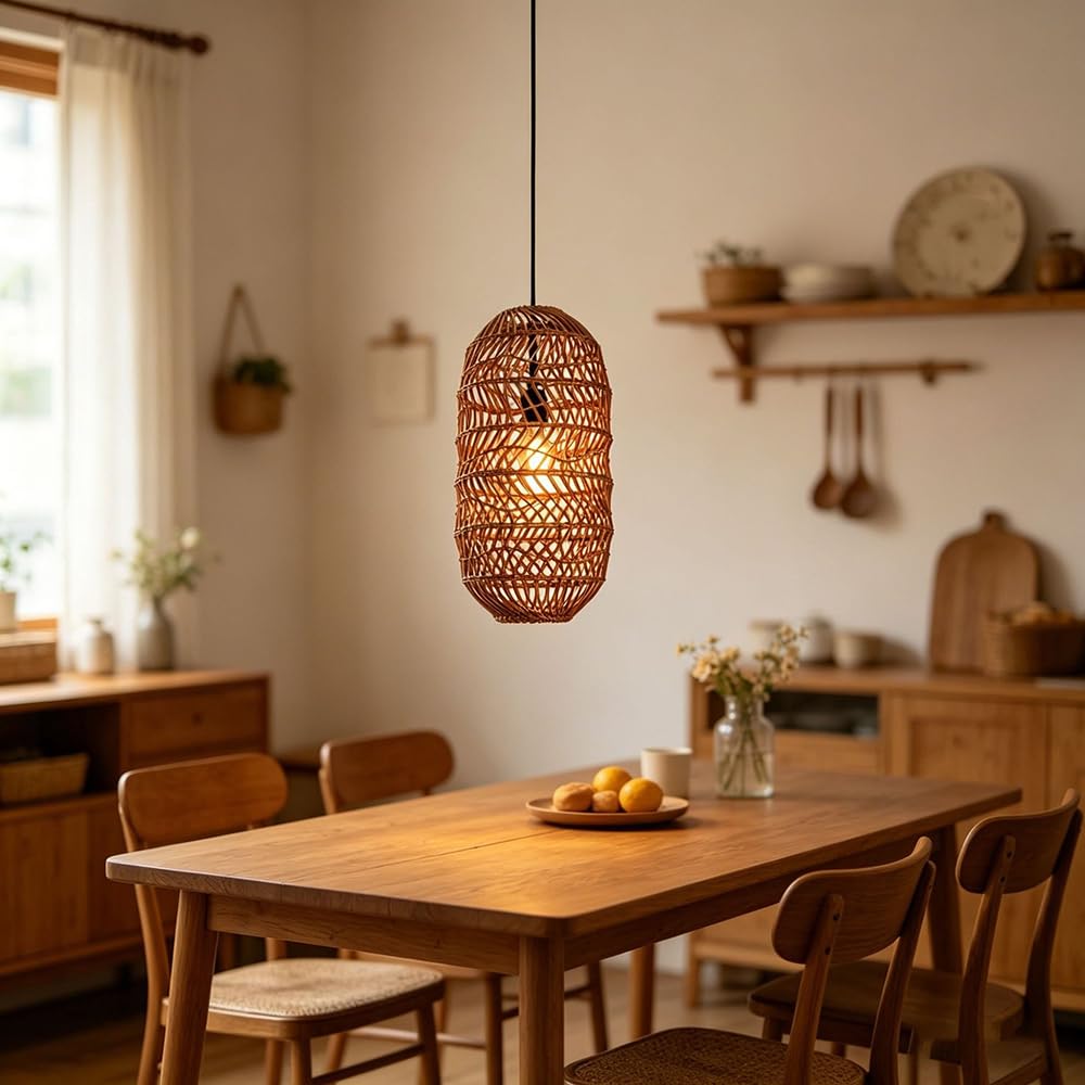 XQIDIANAA Pendant Light Fixtures Brown Rattan Pendant Lamp for Kitchen Island with Adjustable Cord, Farmhouse Wicker Basket Light Fixture for Living Room