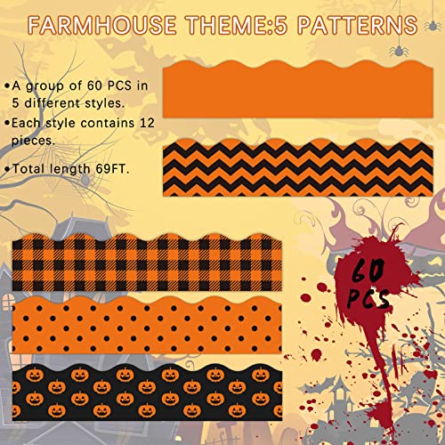 Image of Whaline 69Ft Halloween Bulletin Board Borders 5 Design 60Pcs Pumpkin Decoration Borders Orange Black Trim Border Bulletin Board Stickers for School Classroom Office Halloween Party Decoration