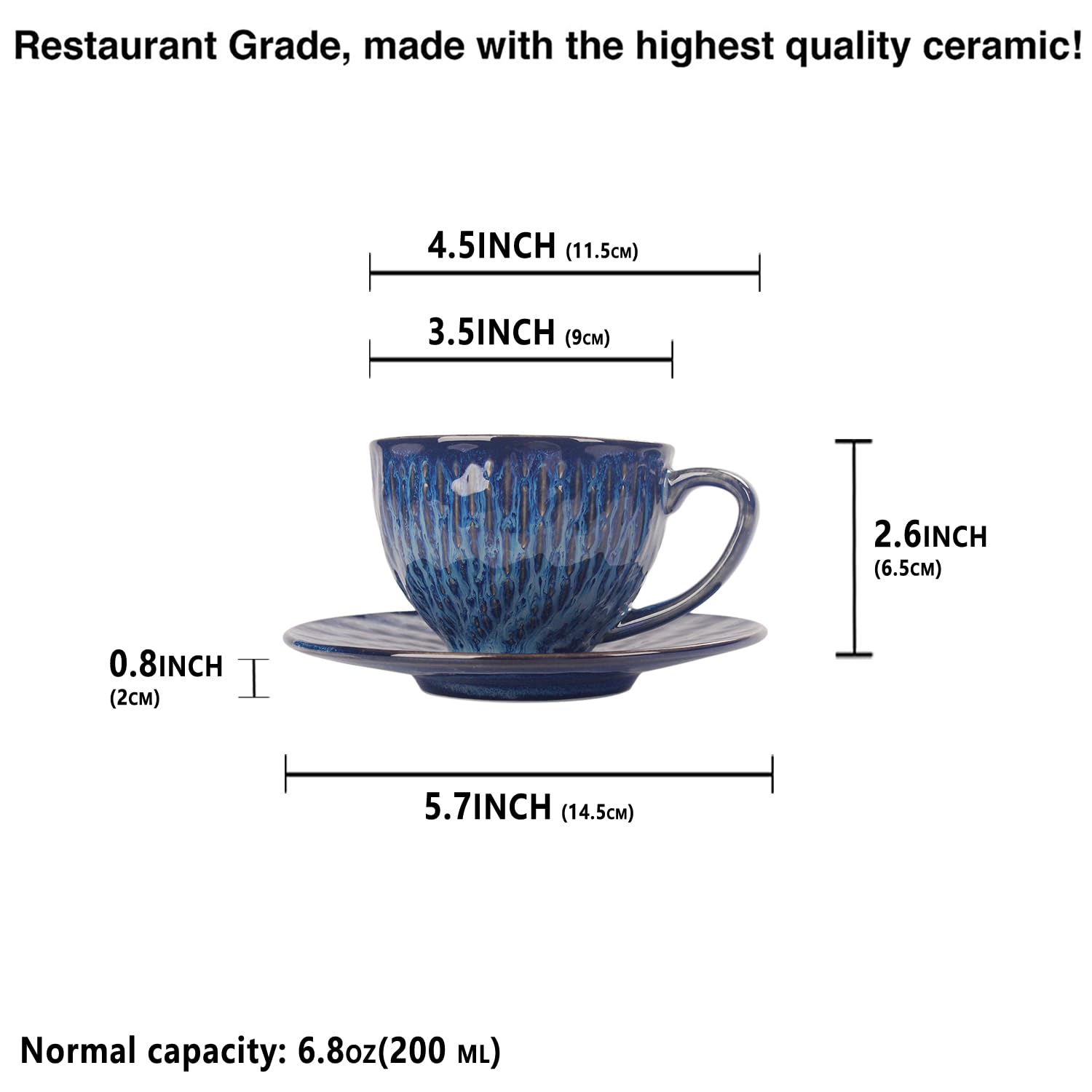 Set di tazze da caffè in ceramica con piattino, 8 pezzi, impilabili, per latte, tè caldo, cappuccino, moka, cacao, lavabili in lavastoviglie e forno a microonde, blu reale
