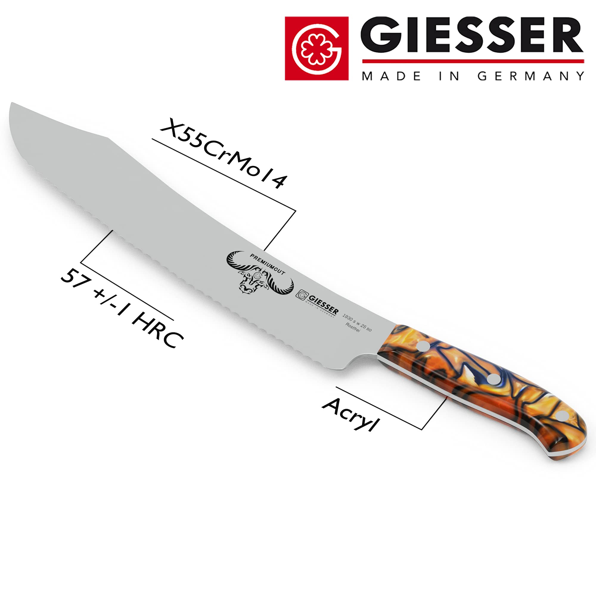 Giesser seit 1776 - Made in Germany - Brotmesser 25 cm Spicy Orange, PremiumCut Wave No 1, Wellenschliff, Acryl, exotisch, rostfrei, deutsches Grillmesser scharf