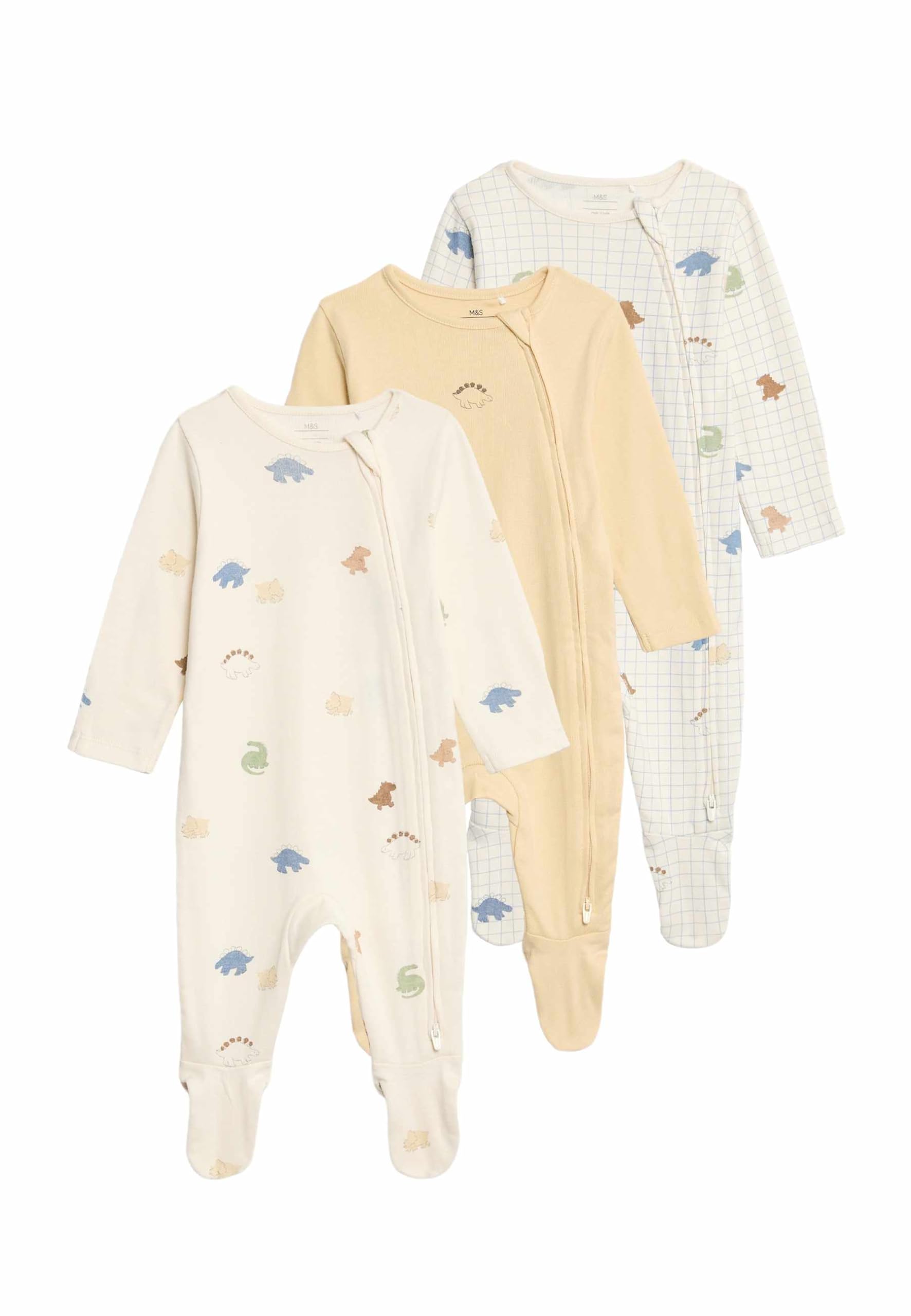 Marks & Spencer Grenouillères Bébé Lot de 3 en Pur Coton Imprimé Dinosaures, Mixte Garçon et Fille, Coupe Standard