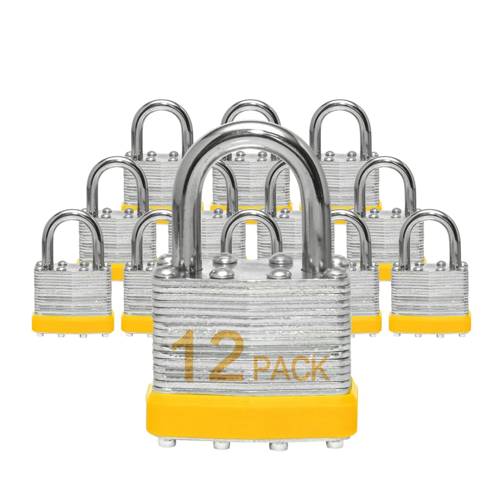 XanHen Keyed Alike Laminated Steel Padlocks with Normal Shackle for Sheds, Fences & Lockers (12-Pack)