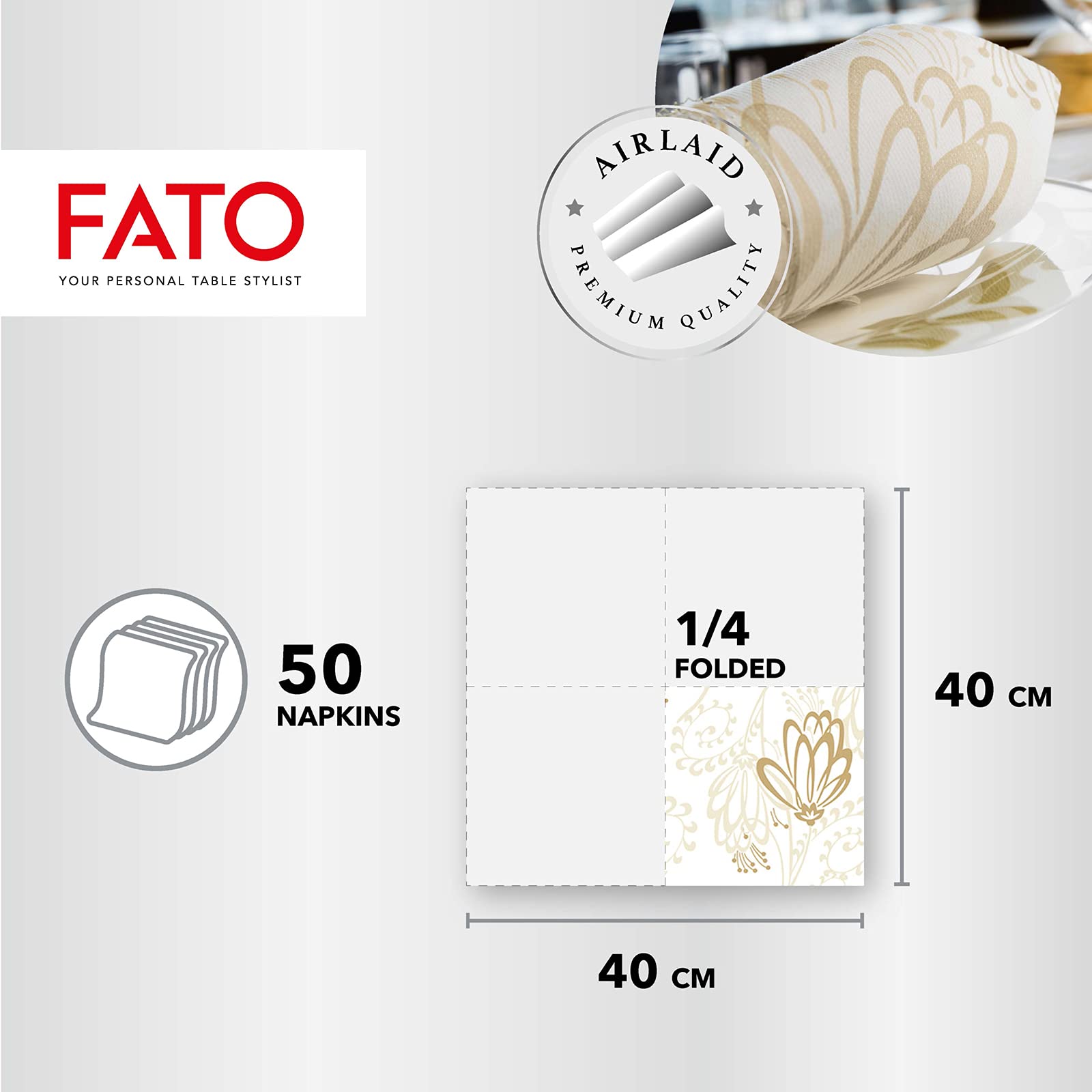 Fato, Tovaglioli in Carta a secco, Airlaid, Effetto Tessuto, Confezione da 100 tovaglioli, Formato 40x40 piegato in 4, Decoro Boulevard