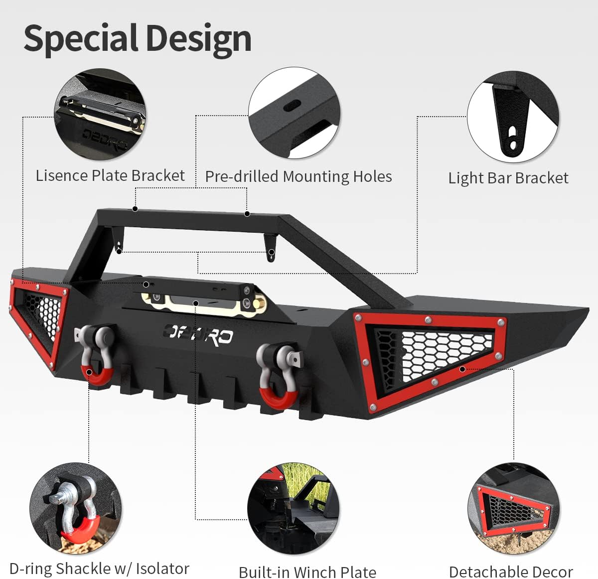 OEDRO Full Width Front and Rear Bumper Combo Compatible with 1987-2006 Jeep Wrangler TJ & YJ, Off Road Textured Back Bumper with Hitch Receiver & 2 x D-Rings
