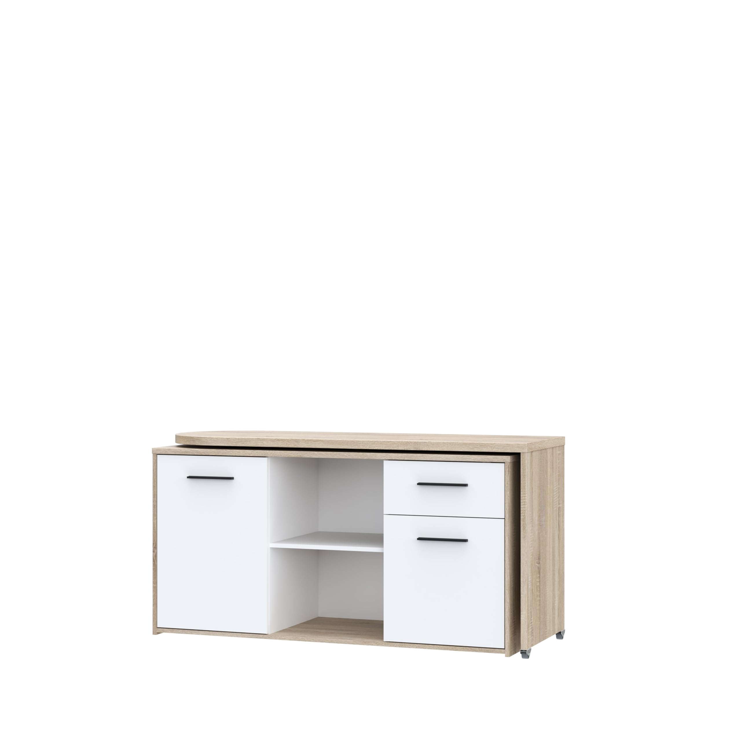 Forte ALIKLIA Schreibtisch 140 150, moderner Schreibtisch mit 1 Schublade und 1 Tür, Computertisch, Home Office, Holzwerkstoff, Weiß/Sonoma Eiche Holzdekor, 144 cm breit x 74,1 cm hoch x 50 cm tief