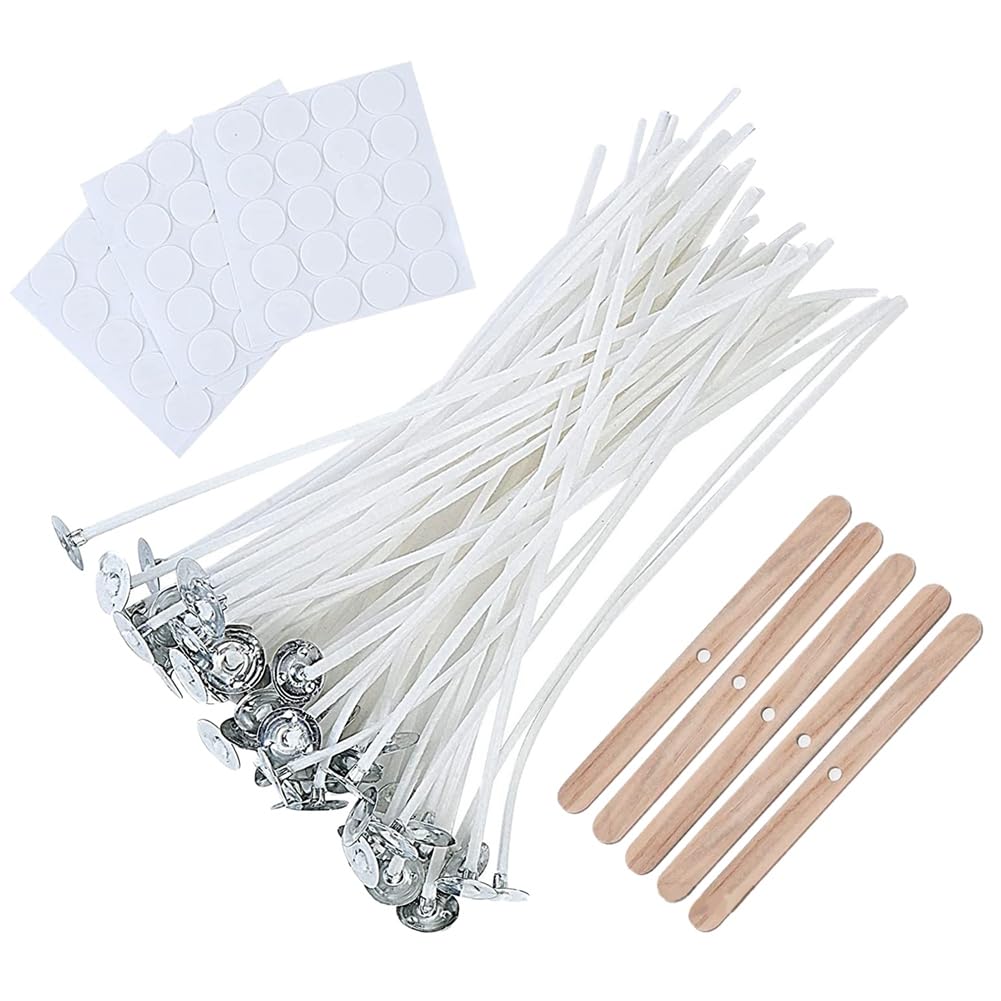 Tassteen 20CM Bulk Candle Wicks 100 Pcs with Candle Wick Stickers and Wooden Candle