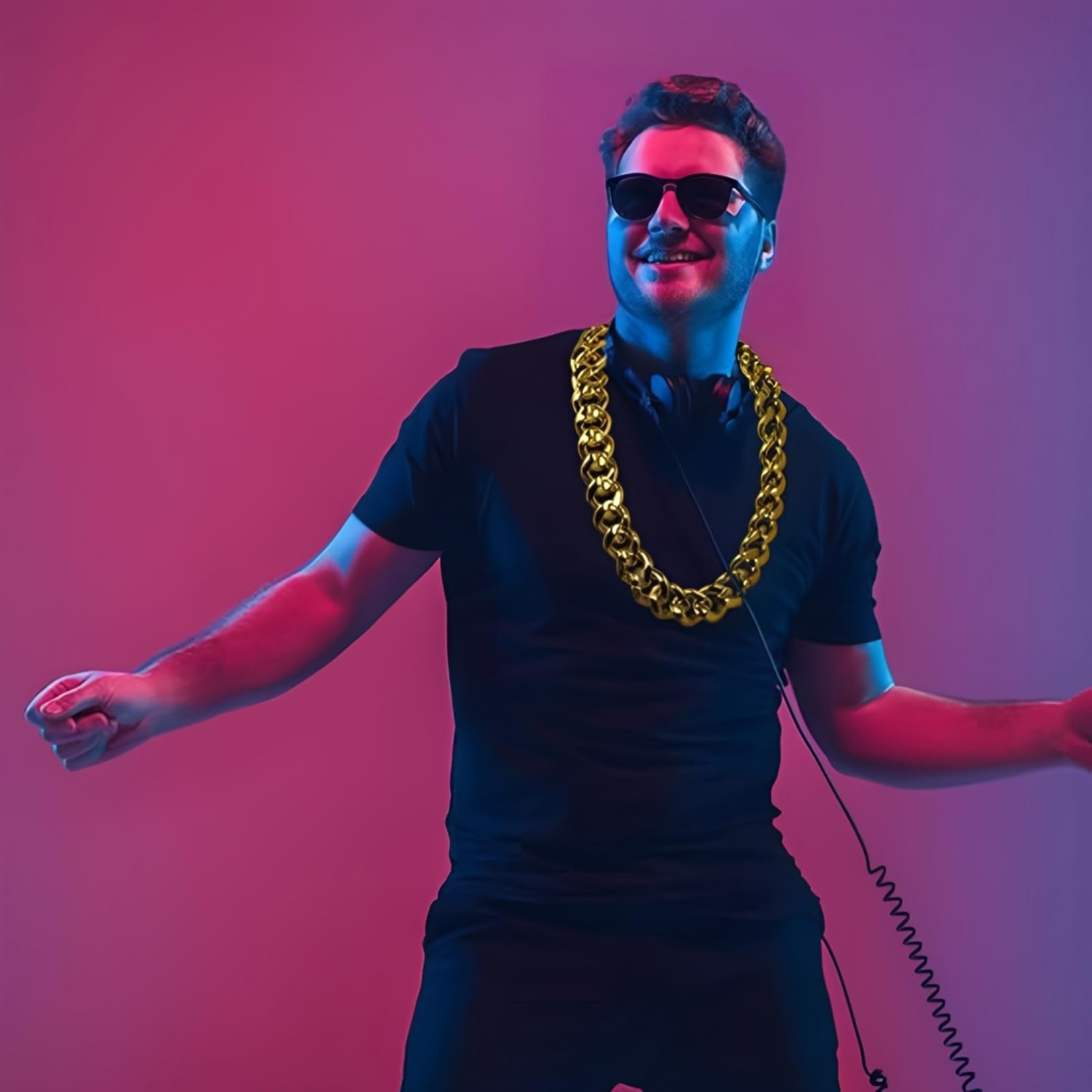 2pcs Hip Hop Costume Set including Fake Gold Chain & Accessories, 80s/90s Rapper Style Necklace and Ring for Men Women, Kids - Image 4