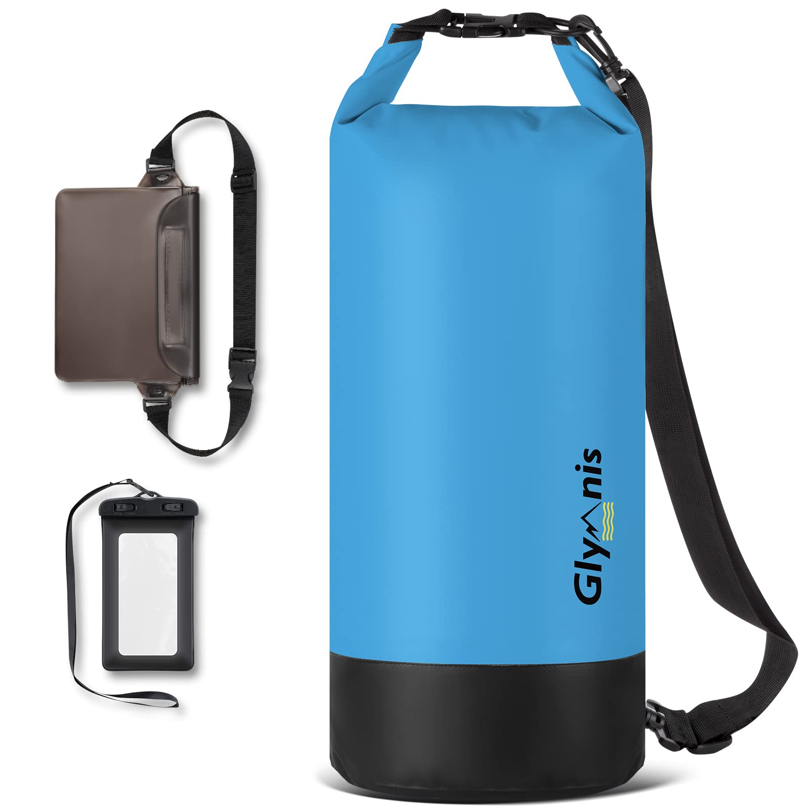 Glymnis Borsa Impermeabile con Tracolla Regolabile, 5L 10L 20L | 2 Custodie Cellulari, Tasca Interna, 3 in 1 Marsupio Impermeabile, Convient Barca Pesca Rafting Nuoto Kayak Campeggio