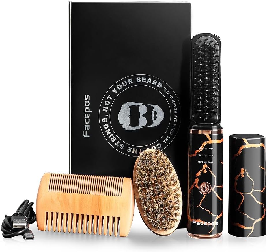 Wireless Electric Heated Beard Straightener Set, Portable Cordless Hair Straightener for Men, Elegant Crackle Pattern Design and Bonus Beard Brush & Wooden Comb for Perfect Grooming