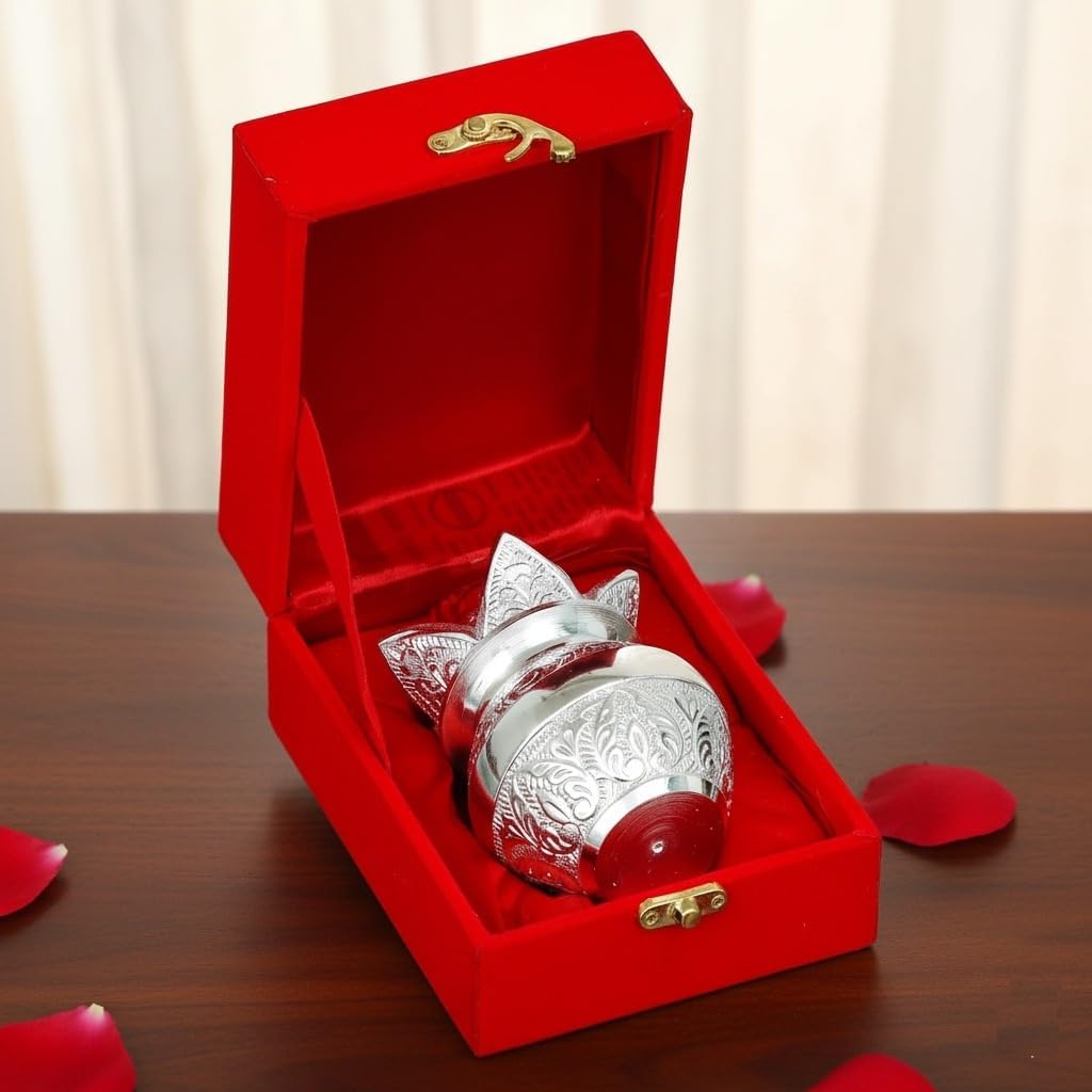 Silver Plated Pooja Kalash with Coconut and Red Velvet Box,Traditional Design, Religious Worship Vessel for Diwali Decor Mangal Kalash