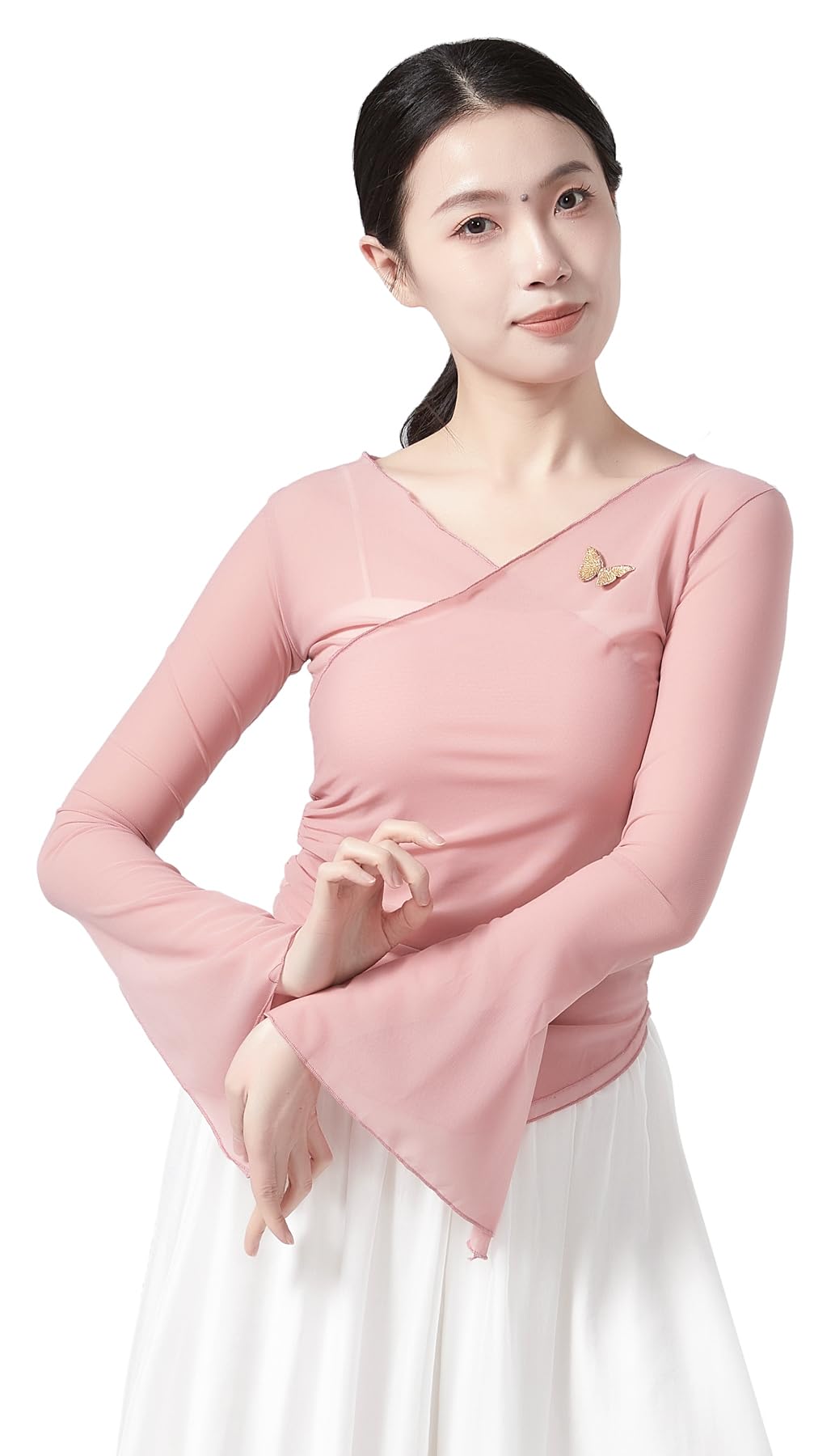 Angcoco Women's Chinese Traditional V Neck Flared Sleeve Tops for Dance Performance Pink