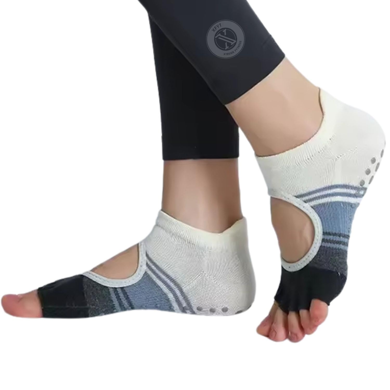 xfyt anti slip open toe yoga socks for women | breathable silver ion anti microbial odour free cotton spandex socks | anti skid women socks for home workout dance pilates