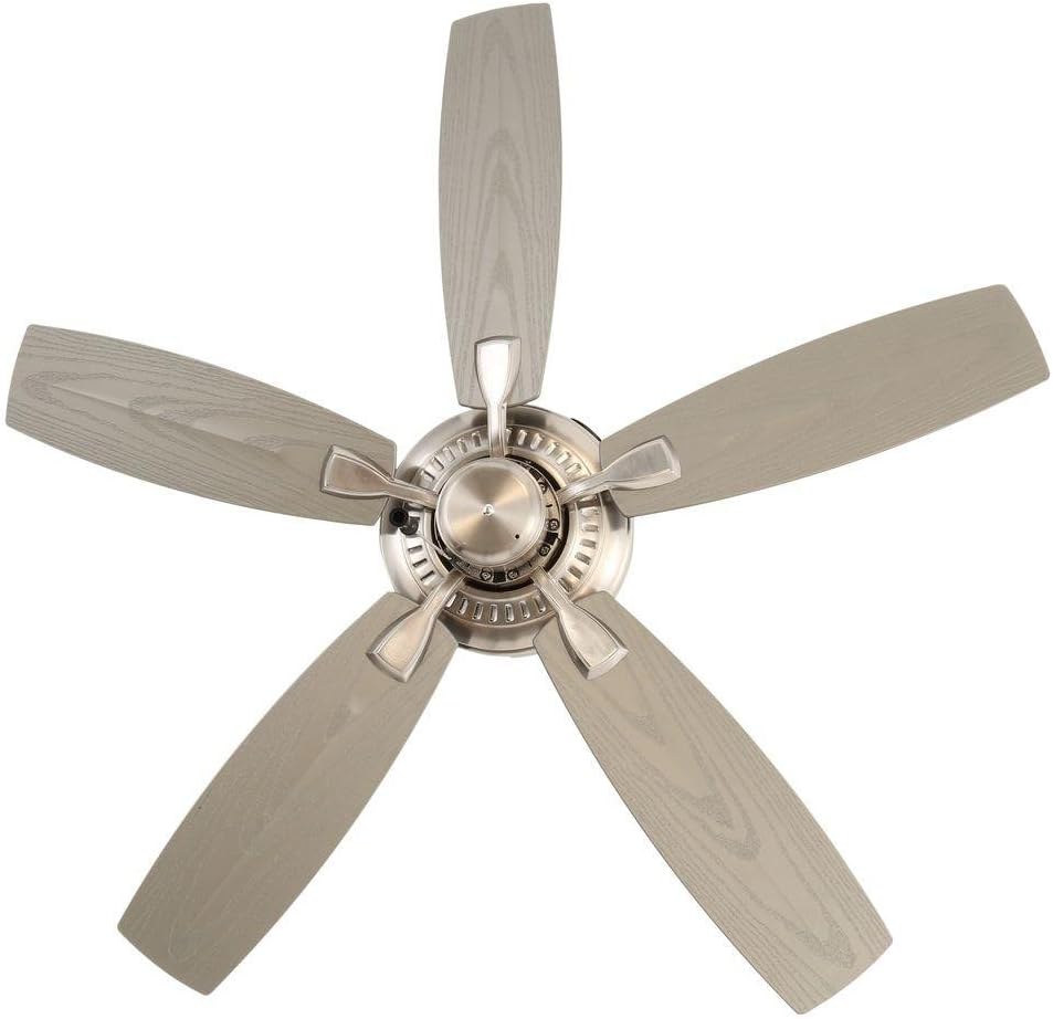 Underside view of the Hampton Bay Gazebo II fan with five blades attached, showing the central motor and blade design.