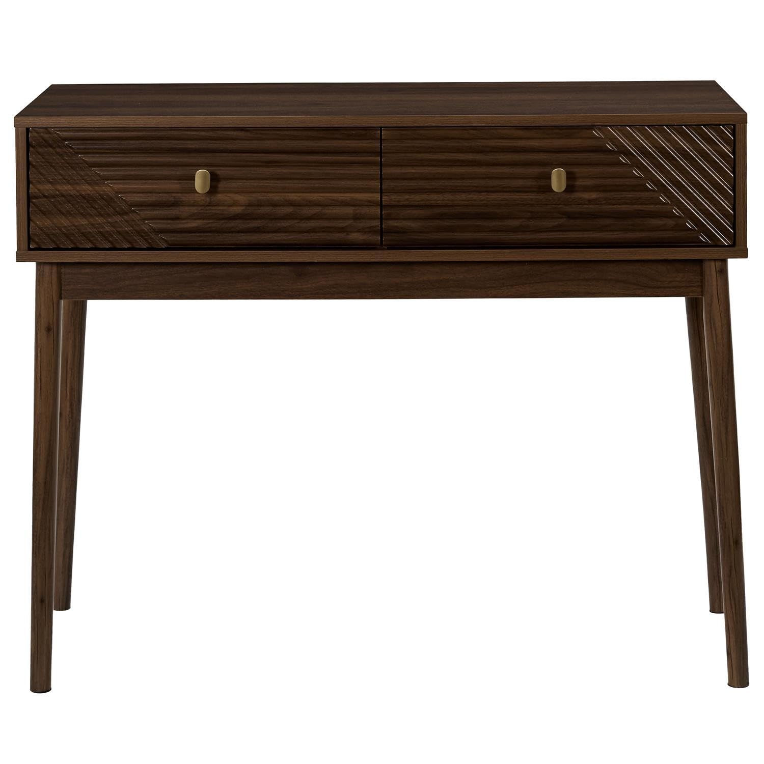 Consola con frentes geométricos color nogal oscuro con 2 cajones asas diseño delgado pasillo sala de estar dormitorio retro moderno