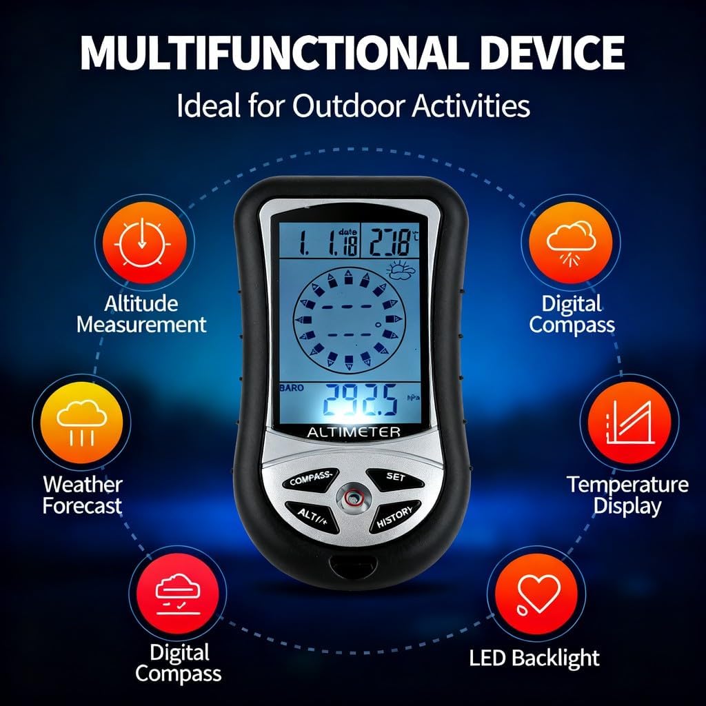 Multifunctional Portable Altimeter Barometer Weather Station, Digital Compass, Thermometer, LED Backlight - Accurate Outdoor Sensor Technology, Compact and Lightweight for Hiking