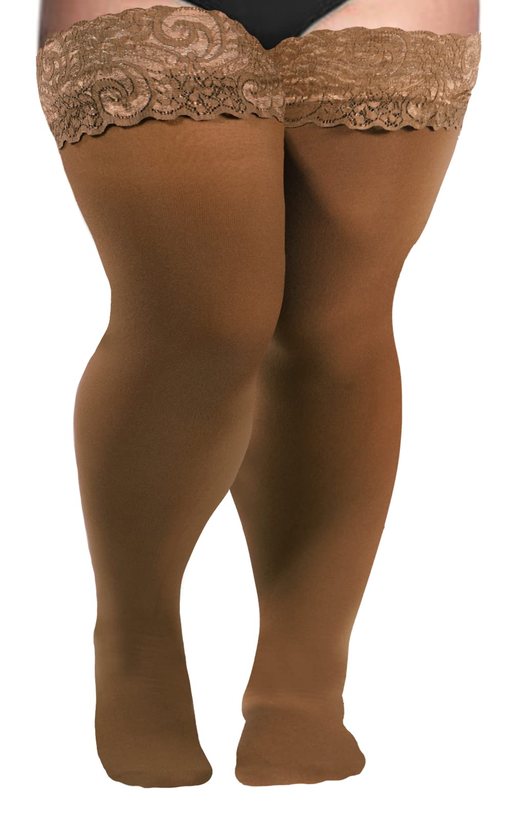 Moon Wood Plus Size Thigh High Stockings Womens 55D Semi Sheer Silicone Lace Top Stay Up Lingerie Thigh Highs Pantyhose