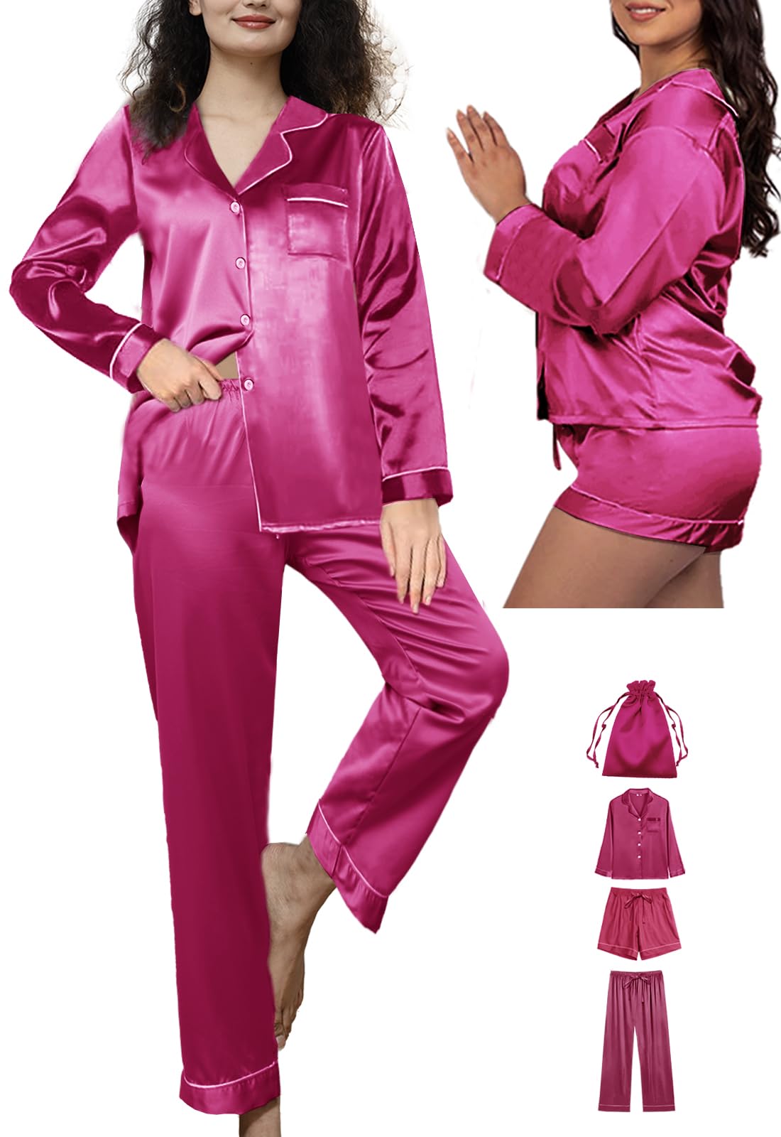 WJing Yi Jia 4Pcs Womens Silk Pajamas Set XS-XXL Satin Pajama Sets for women Silky Pj Set Sleepwear Pjs Nightwear Loungewear