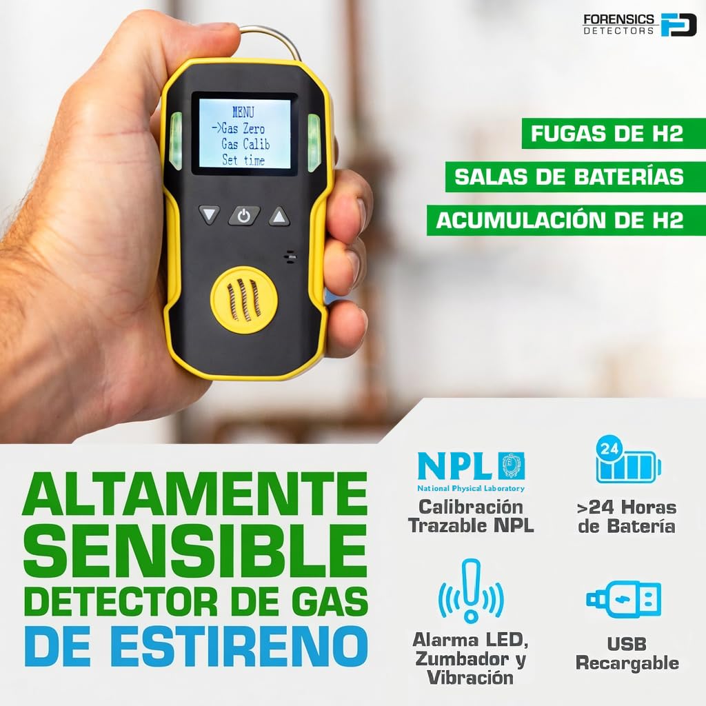 Detector de Gas Estireno (C8H8) | Certificado de Calibración EU | Recarga USB | Alarmas Sonoras, Luminosas y por Vibración | 0–100 ppm C8H8