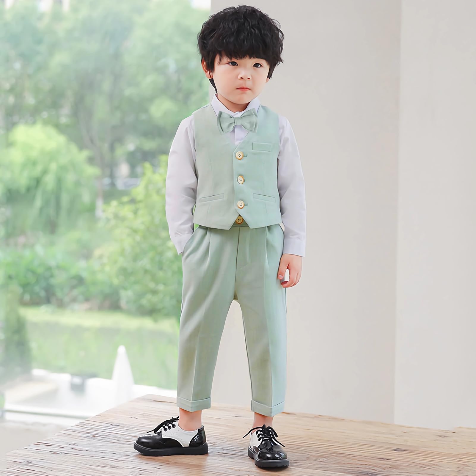 Costume Mariage Garcon Mode Gilet + Chemise + Pantalon + Nœud Papillon Ensemble Bapteme Enfant Vetement Ceremonie