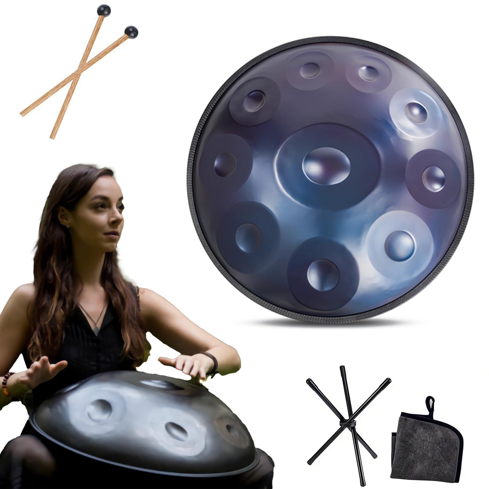 Instrument Handpan - 432Hz/440Hz 9/10/ 12 Notes - Steel Tongue Drum De 55cm - Hand Pan Drum Avec Support Pour La Guérison Sonore (Size : 432Hz, Color : BLUE_10 NOTES)
