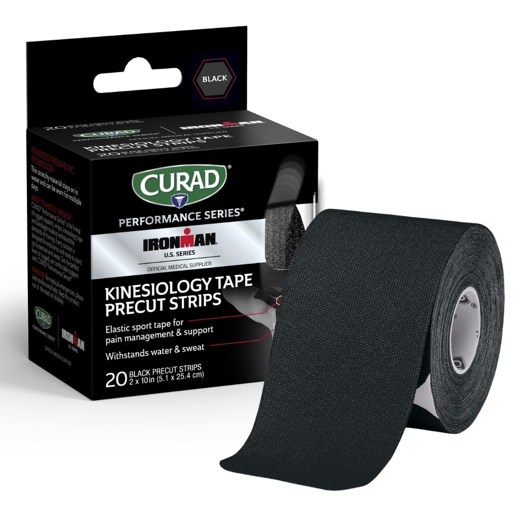 Performance Series Ironman Kinesiology Tape, Black, 2 in x 10 in, 1 Roll of 20 Precut Strips