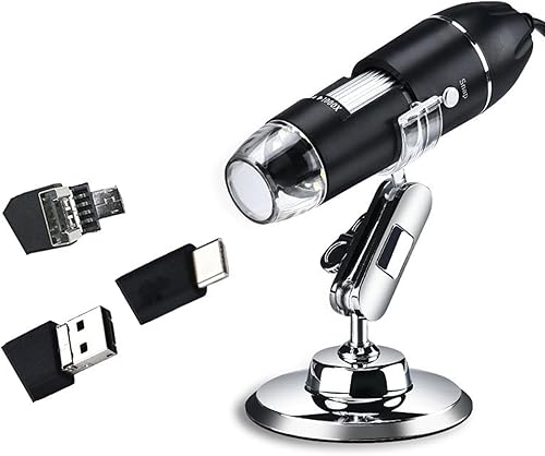 Microscopio digital inalámbrico - Cámara de microscopios de mano de aumento de 1600X con soporte ajustable USB+Micro+Tipo-C Compatible con iPhone,